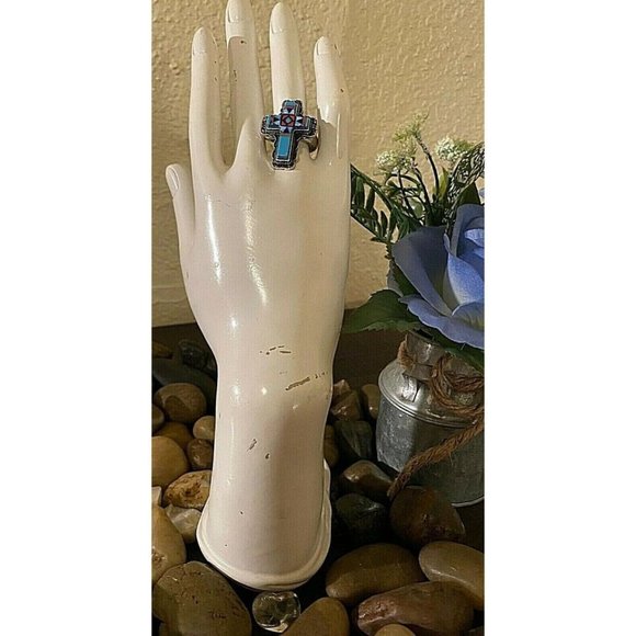 Southwest Cross Silver Turquoise Red Black Stretch - Picture 3 of 7